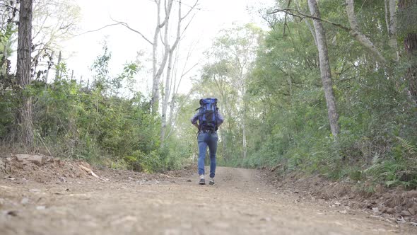 Male hiker with backpack in woods