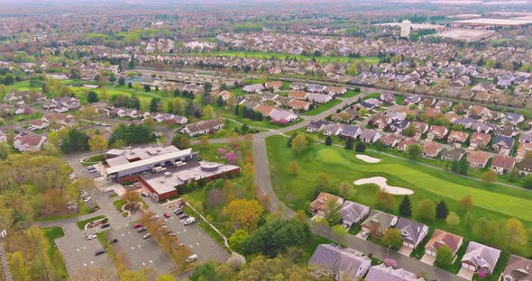 Aerial View on the Small Countryside Town Family Homes in Summer Seasonal Landscape Cranbury New