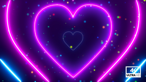 Neon Lights Love Heart Tunnel and Romantic Abstract Glow Particles TikTok Trend Background Looped 4K