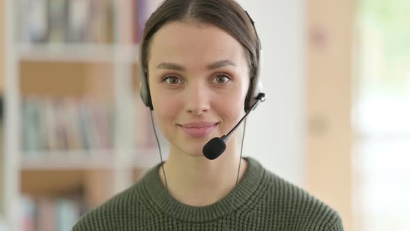 Call Center Young Woman Talking with Headset, Online Chat