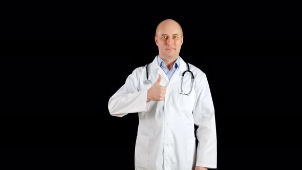 Male Doctor in Medical Gown with Phonendoscope Showing Thumbs Up on Black Background. Medical Worker