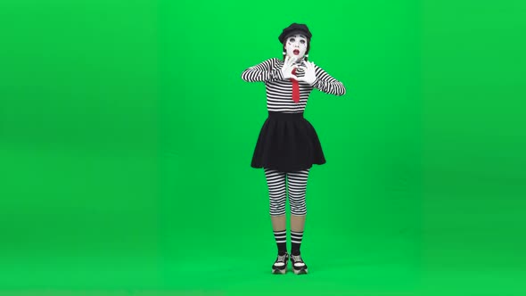 Mime Looking Happy, Showing Heart Sign. Chroma Key. Full Length.