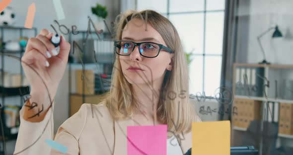 Woman in Glasses which Writing New Ideas on Glass Board Working Over Start Up Project