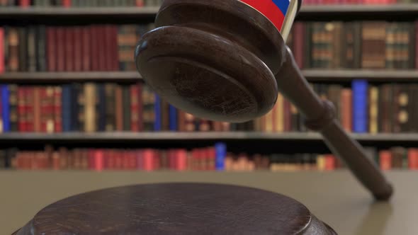 Flag of Russia on Falling Judges Gavel in Court