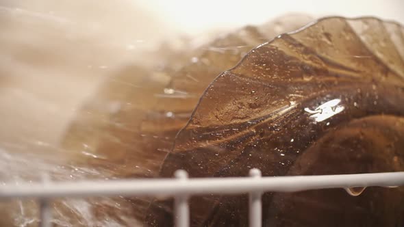 Cleaning Plates Under Water Spray Droplets in Dishwasher Basket