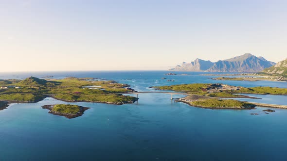 Flying Around Fredvang Bridge on Lofoten Islands in Norway