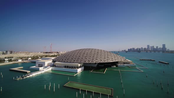 Aerial view of Louvre museum in Abu Dhabi, United Arab Emirates.
