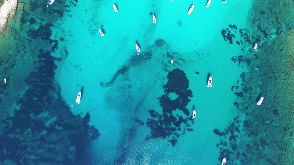 Aerial view of yachts and sailing boats in shallow water, Dugi otok, Croatia
