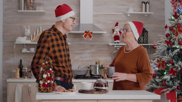 Grandparents with Grandchild Wearing Santa Hat Greeting Remote Friends During Online Videocall