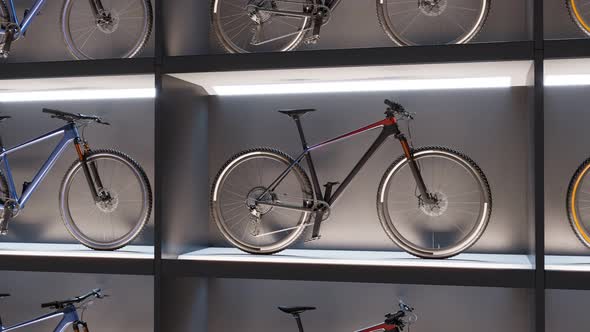 Colorful bikes in luxury bike store. Wall exposition. Mountain cycling. 4k HD