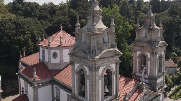 Church bell towers, Sanctuary of Bom Jesus do Monte, Braga. Orbiting shot