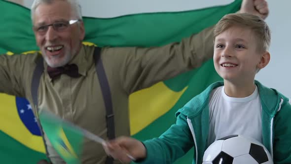 Old Man With Grandson Supporting Brazil Football Team Tv Match, Family Hobby