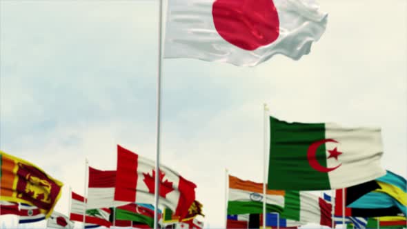 Japan Flag With World Globe Flags Morning Shot