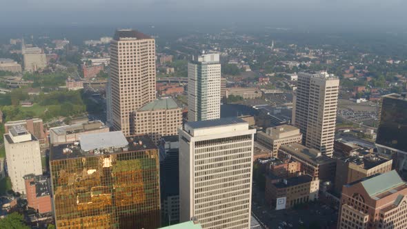Aerial of high-rise buildings in business area in Hartford