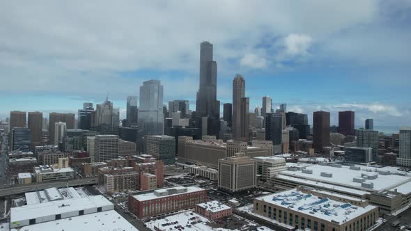 Aerial shot of downtown Chicago with snow
