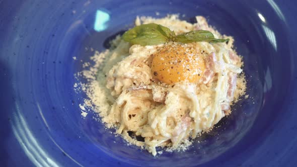 Pasta Carbonara with parmesan and yolk. Italian Cuisine.