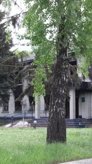 Vertical Video of a Wartorn Police Station in Ukraine