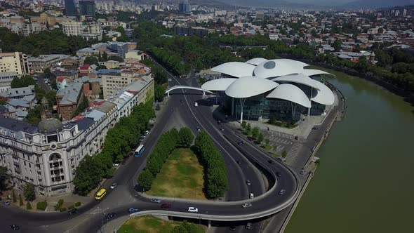 Aerial view of Baratashvili Bridge and Public Registry. Tbilisi Georgia