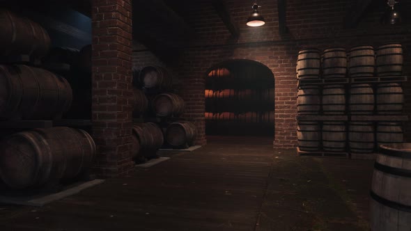 Wooden Barrels With Wine In The Cellar