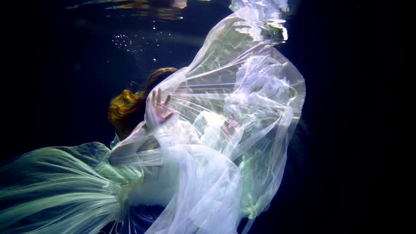 Beautiful Woman in Silk Dress is Diving Into Mysterious Depth of Magical Sea and Meeting Dragon