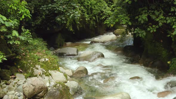 Moving over a tropical river with a quick current and crystal clear water 