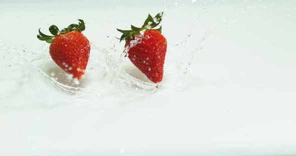 Strawberries, fragaria vesca, Falling on Water, Slow Motion 4K