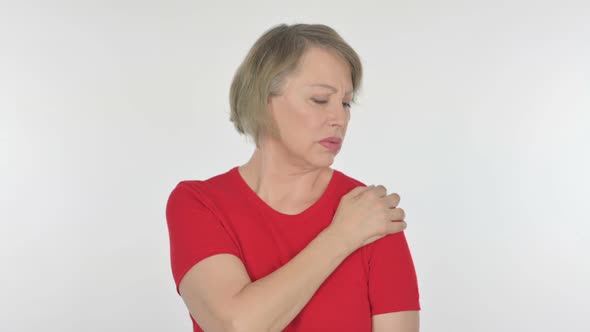 Old Woman with Shoulder Pain on White Background