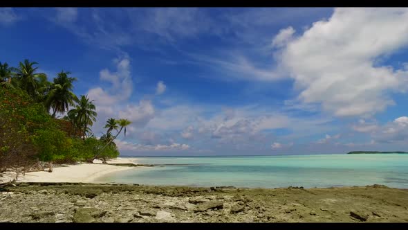 Aerial travel of idyllic resort beach adventure by turquoise sea and white sand background of a dayt