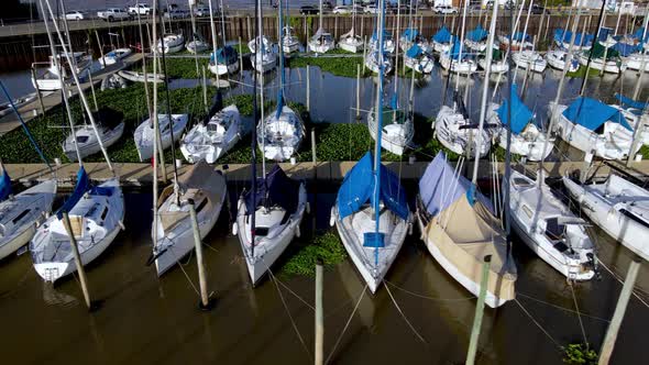 Aerial dolly right of yachts parked inline in Olivos Port on the side of de la Plata River at sunset