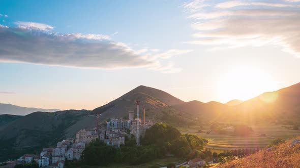 Time lapse: Sunset over medieval village perched on hill top, Santo Stefano di Sessanio, Abruzzo, It
