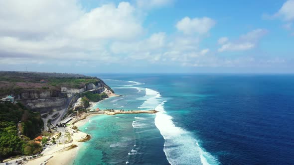 Aerial view tourism of relaxing resort beach vacation by turquoise sea and white sandy background of