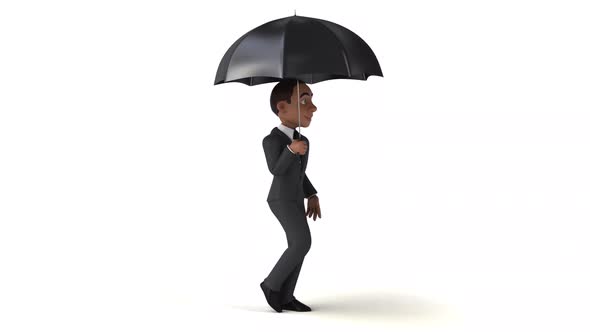 Fun 3D cartoon business man walking with an umbrella