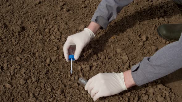 Agronomist Hands Grabbing Lumps of Soil to Laboratory Tube for Purpose of Chemical Study