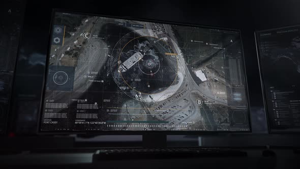 Drone flying over the port.Advanced Tracking radar technology. Secret mission.UI alt