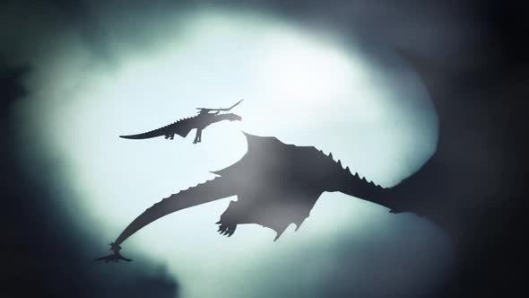 Group Of Dragons Flying In A Winter Sky Against The Wind