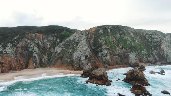 Aerial Flight From a Cliff Over the Atlantic Ocean Cabo Da Roca Beach Portugal