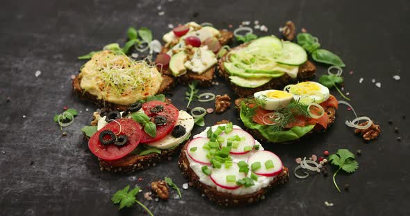 Top View of Different Decorated Sandwiches As Appetizer