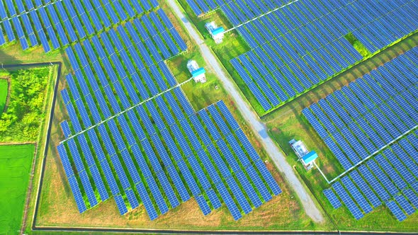 Aerial Top View of Solar Farm. 4k drone footage.