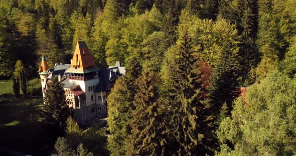 Pelisor Castle In The Romanian Forest Aerial