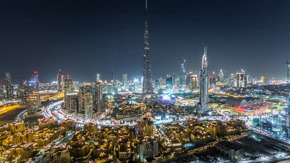 Dubai Downtown at Night Timelapse View From the Top in Dubai United Arab Emirates