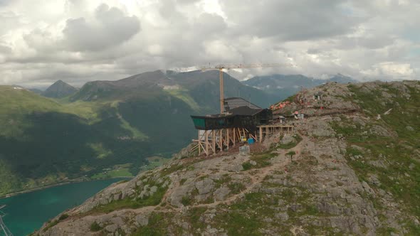 Eggen Restaurant Building With Tower Crane Offering Mountain Views And Fjord In Andalsnes, Norway. -