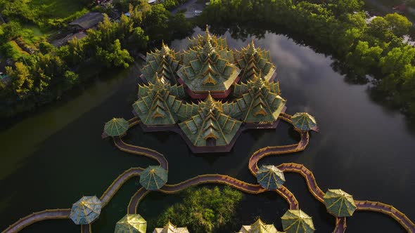 Beautiful Green and Golden Temple aerial Ancient City Siam, Bangkok, Thailand