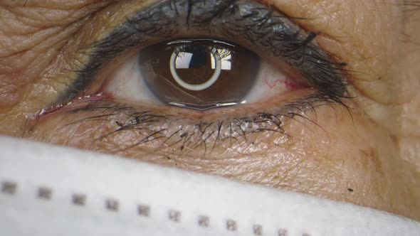 Macro Closeup Pan of Elderly Woman's Eyes While Wearing a Mask