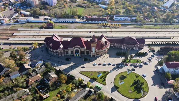 Drone Aerial View in City on the Uzhgorod Railway Station in Zakarpattya