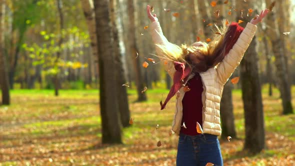 A Beautiful Girl in the Autumn Park Collects Leaves with Her Hands and Throws Them