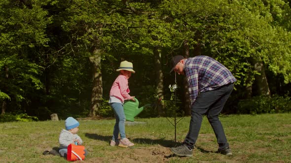 Father and His Family are Planting Trees