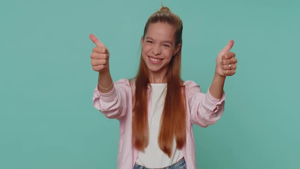 Girl Raises Thumbs Up Agrees or Gives Positive Reply Recommends Advertisement Likes Good Approve