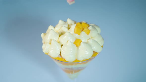 Cut Mango is Put on Top of the Cream in the Glass