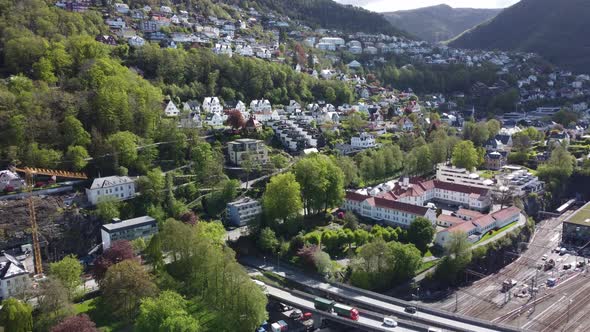 Expensive neighbourhood Kalfaret and Fjellsiden in Bergen Norway - Passing road E39 and Bergensbanen