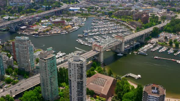 Aerial View Of Burrard Street Bridge With Boats On Marina In Vancouver, BC, Canada.